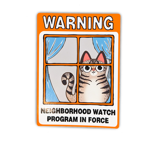 Neighborhood Watch Cat Window Cling of happy Tabby Cat