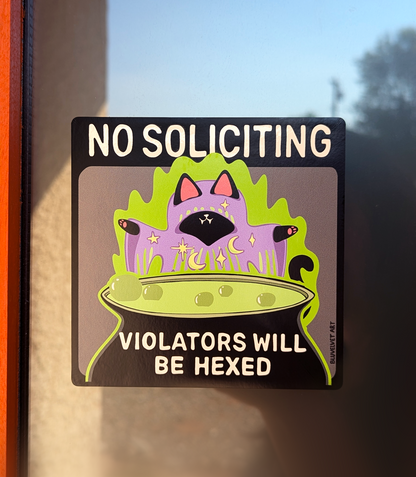 No Soliciting Witchy Kitty Window Cling Square Design (Violators Will Be Hexed)