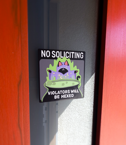 No Soliciting Witchy Kitty Window Cling Square Design (Violators Will Be Hexed)