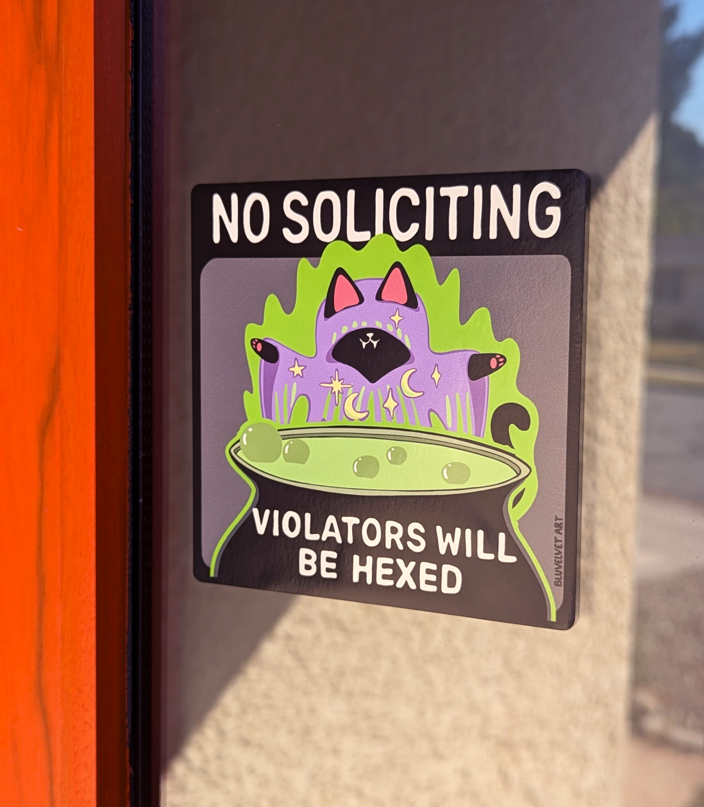 No Soliciting Witchy Kitty Window Cling Square Design (Violators Will Be Hexed)