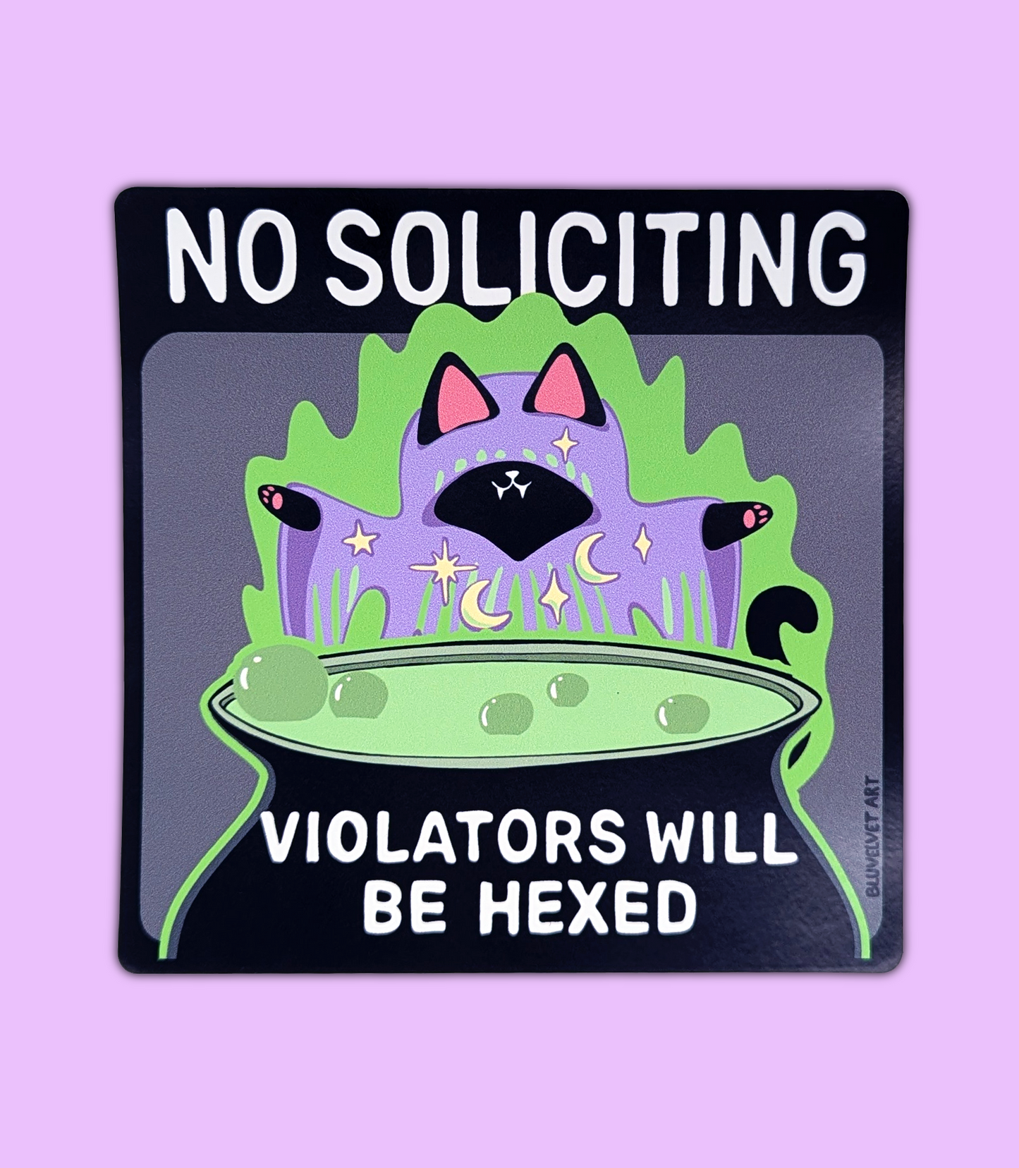 No Soliciting Witchy Kitty Window Cling Square Design (Violators Will Be Hexed)