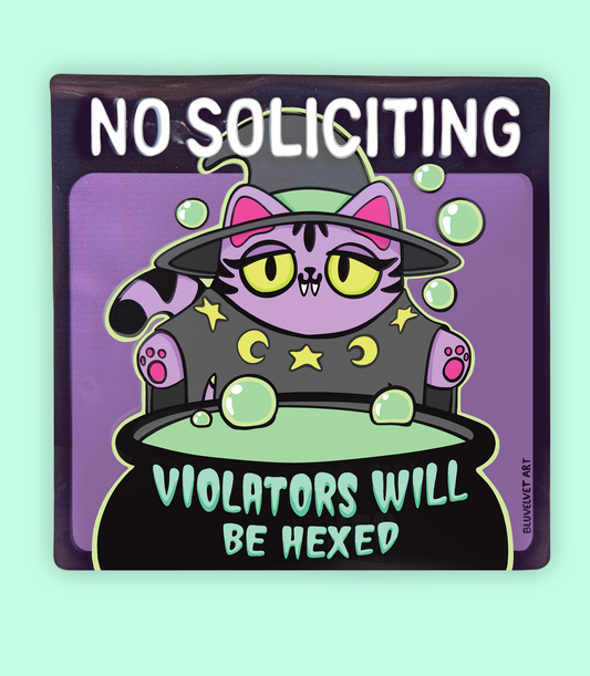 No Soliciting Violators Will Be Hexed Violet Cat Window Cling features a cute purple witch cat casting spells with a cauldron 