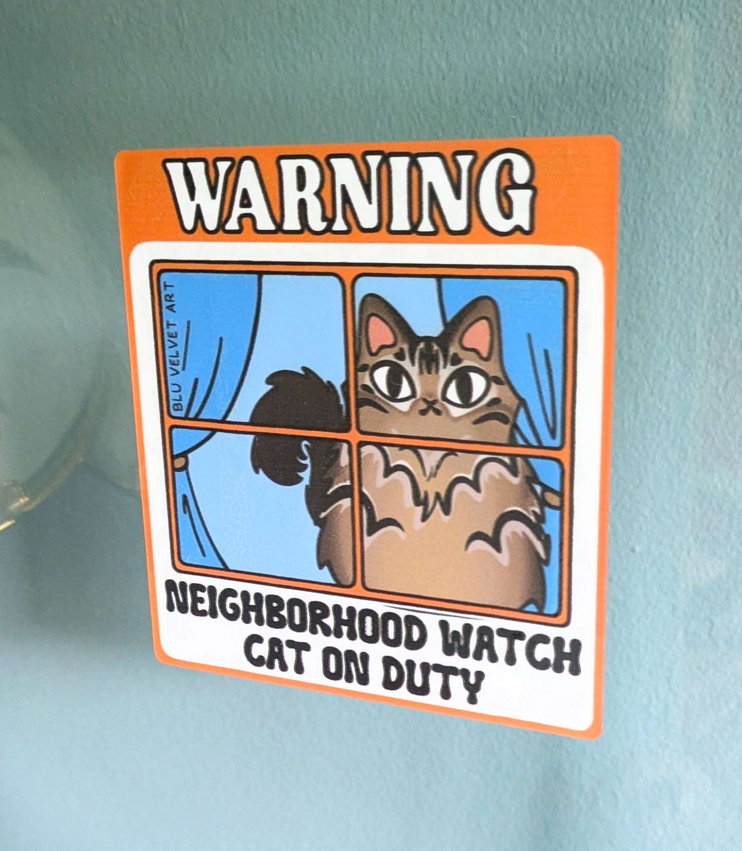 Neighborhood Watch Cat Window Cling - Fluffy Tabby Cat