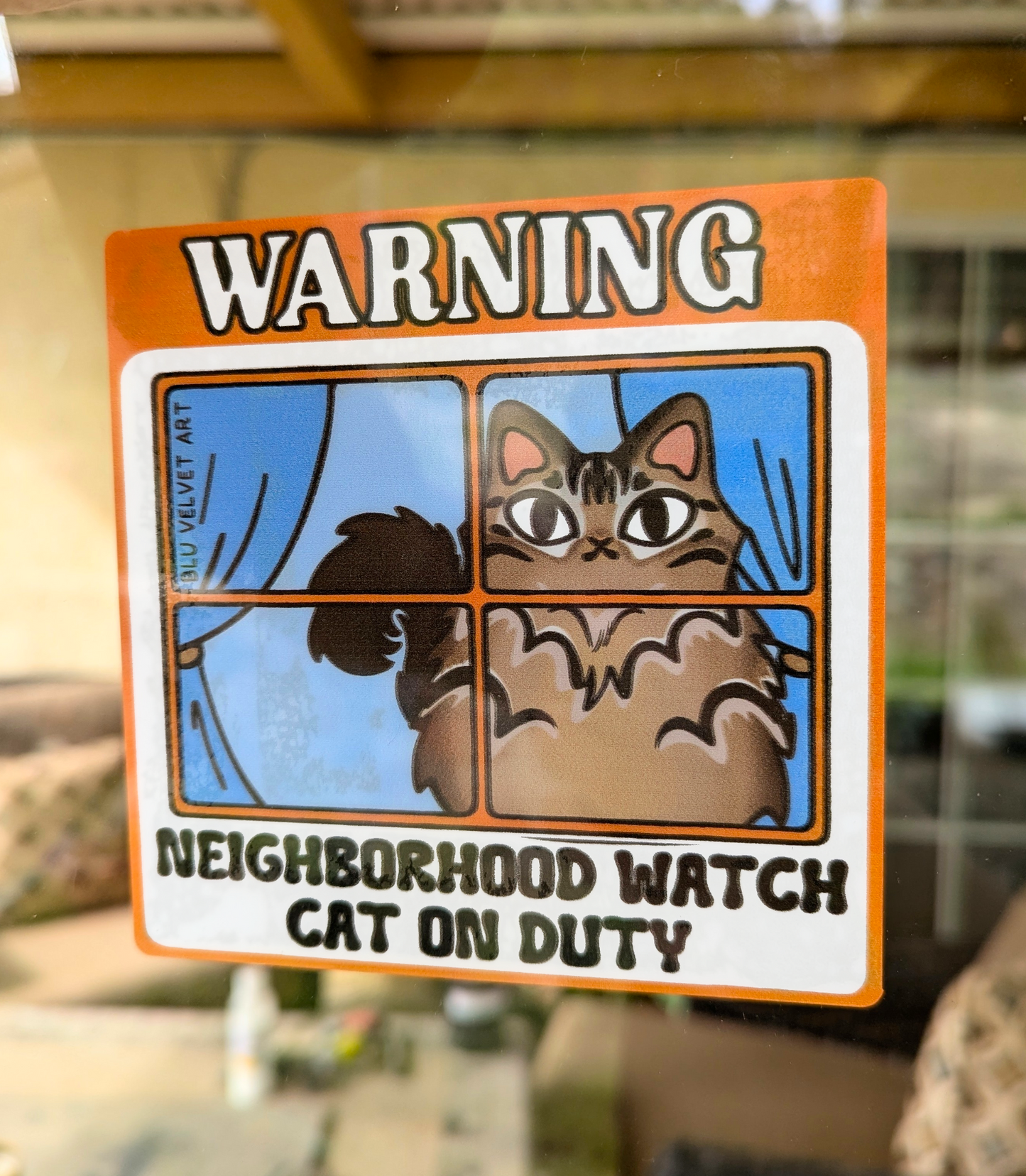 Neighborhood Watch Cat Window Cling - Fluffy Tabby Cat