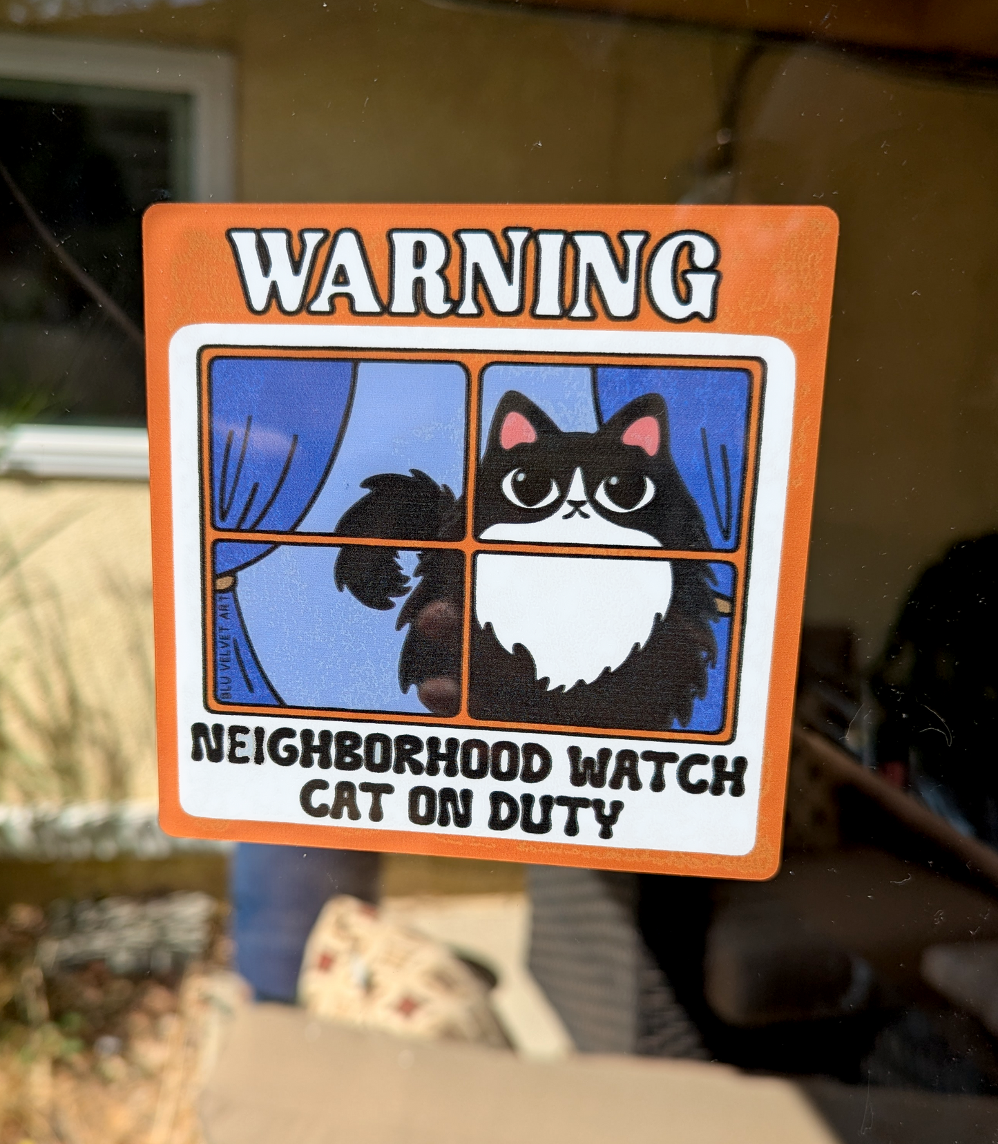 Neighborhood Watch Cat Window Cling - Fluffy Tuxedo Cat