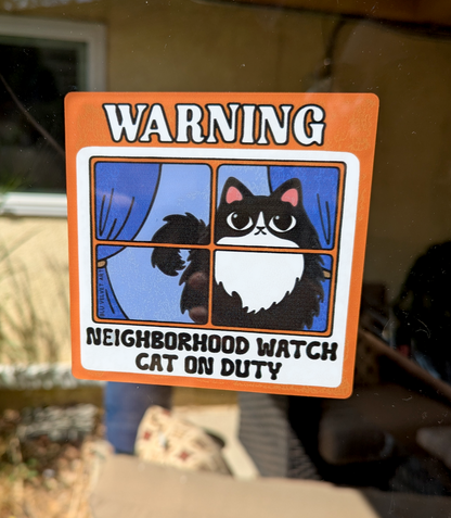 Neighborhood Watch Cat Window Cling - Fluffy Tuxedo Cat