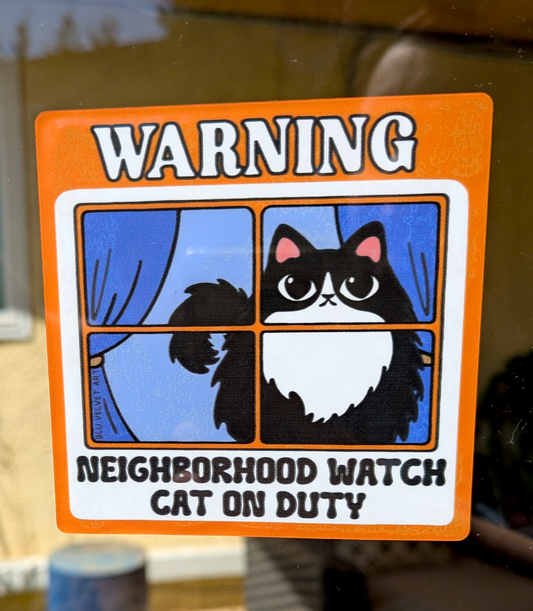 Neighborhood Watch Cat Window Cling - Fluffy Tuxedo Cat