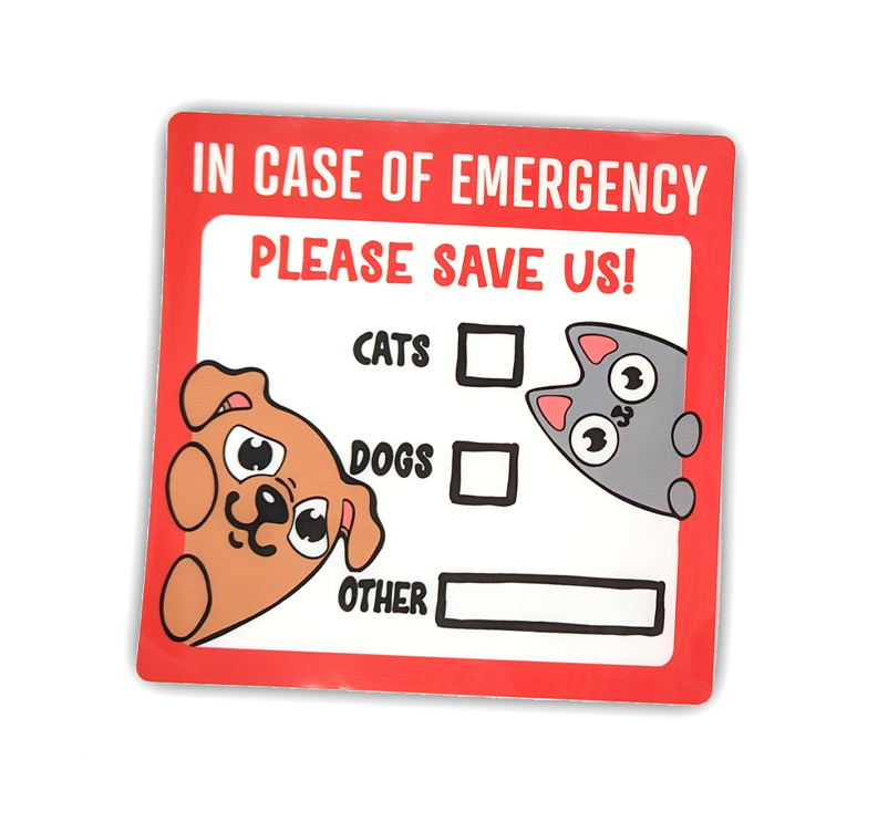 In Case of Emergency Please Save Us window cling with cartoon dog and cartoon cat with red border