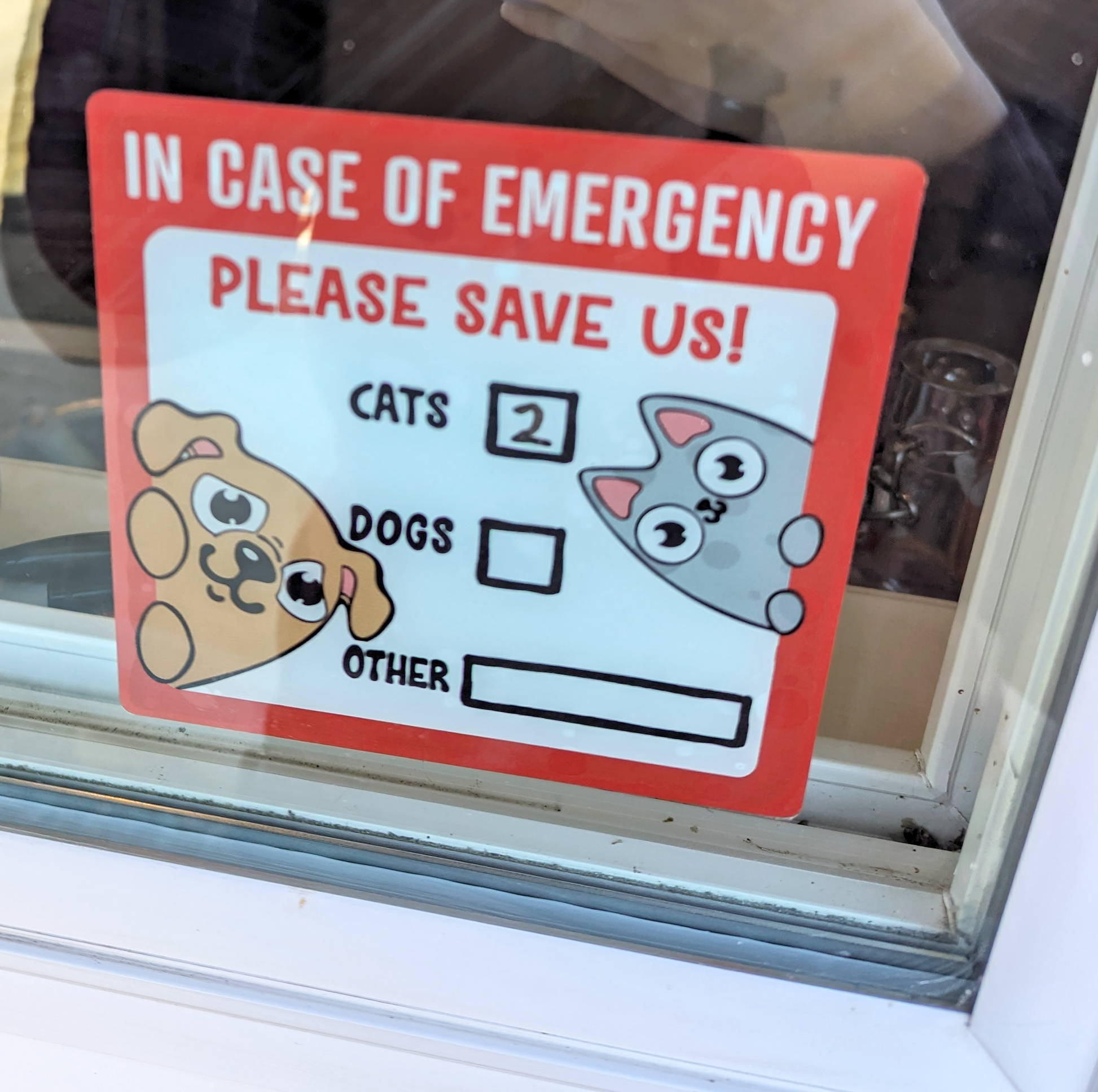 Unique in case of emergency window cling with sweet dog and kawaii cat