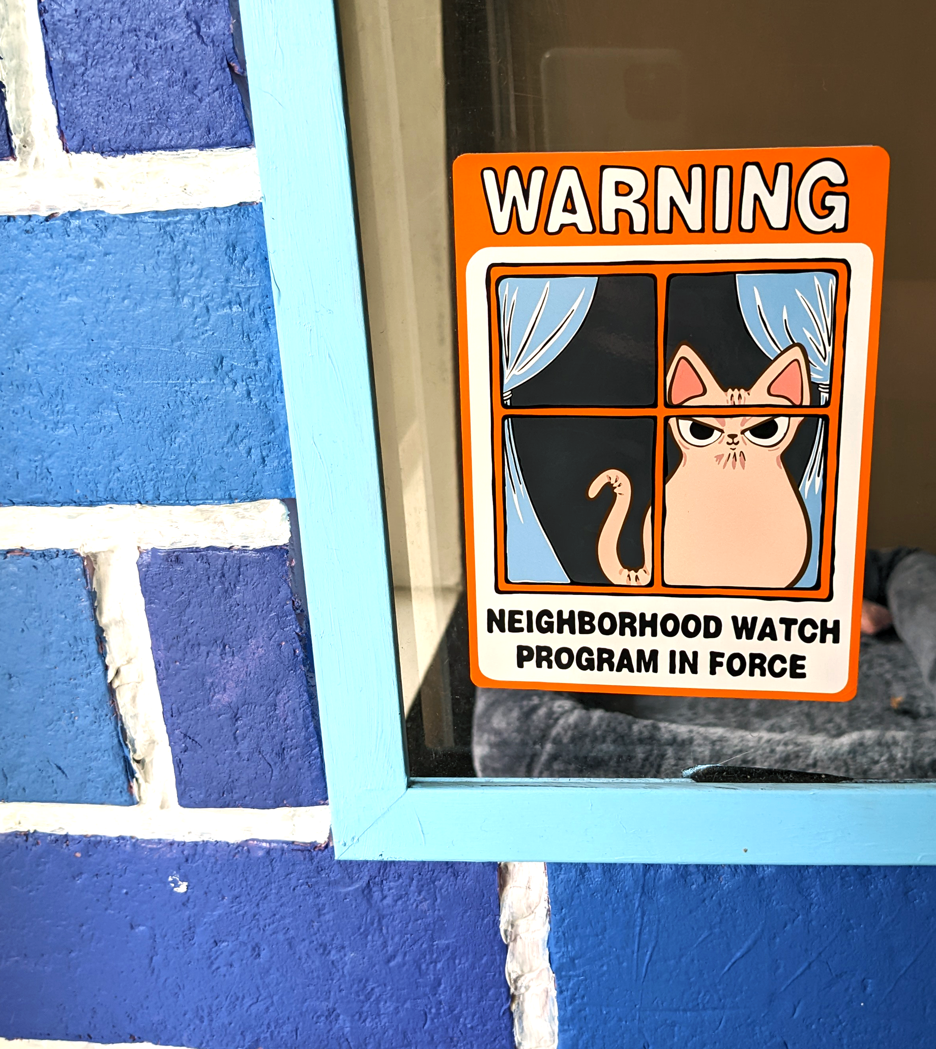 Neighborhood Watch Cat Window Cling of Sphynx Hairless Cat that is Angry looking out of window