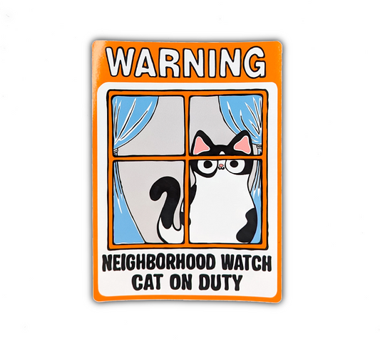 Cute cow cat window cling that says neighborhood watch cat on duty. Cow cat watches out window, they're an indoor cat