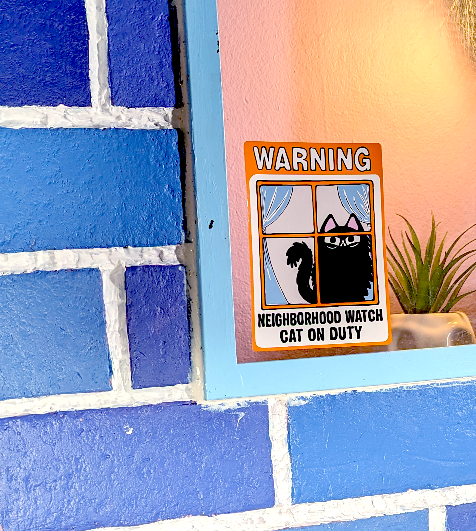 funny cat pun window cling that says Neighborhood Watch Cat on Duty