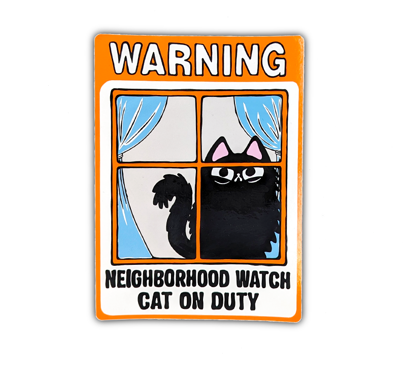 Neighborhood Watch Cat sticker with angry fluffy black cat that reads "warning: neighborhood watch cat on duty"