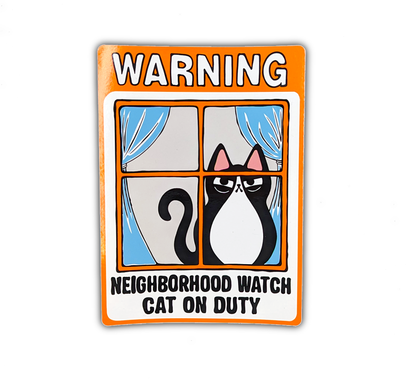 Neighborhood Watch Cat Window Cling of angry Tuxedo Cat