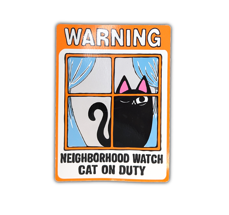 Neighborhood Watch Cat on Duty window cling with one eye black cat