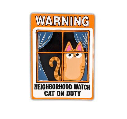 Neighborhood Watch Cat Window Cling of happy Orange Tabby that reads neighborhood watch cat on duty