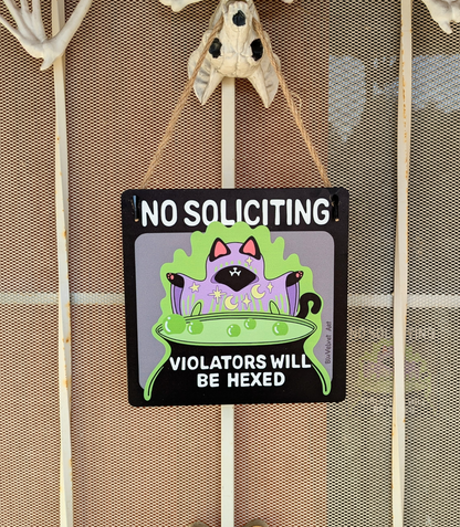 Wooden No Soliciting Sign Witchy Cat (Violators Will Be Hexed)