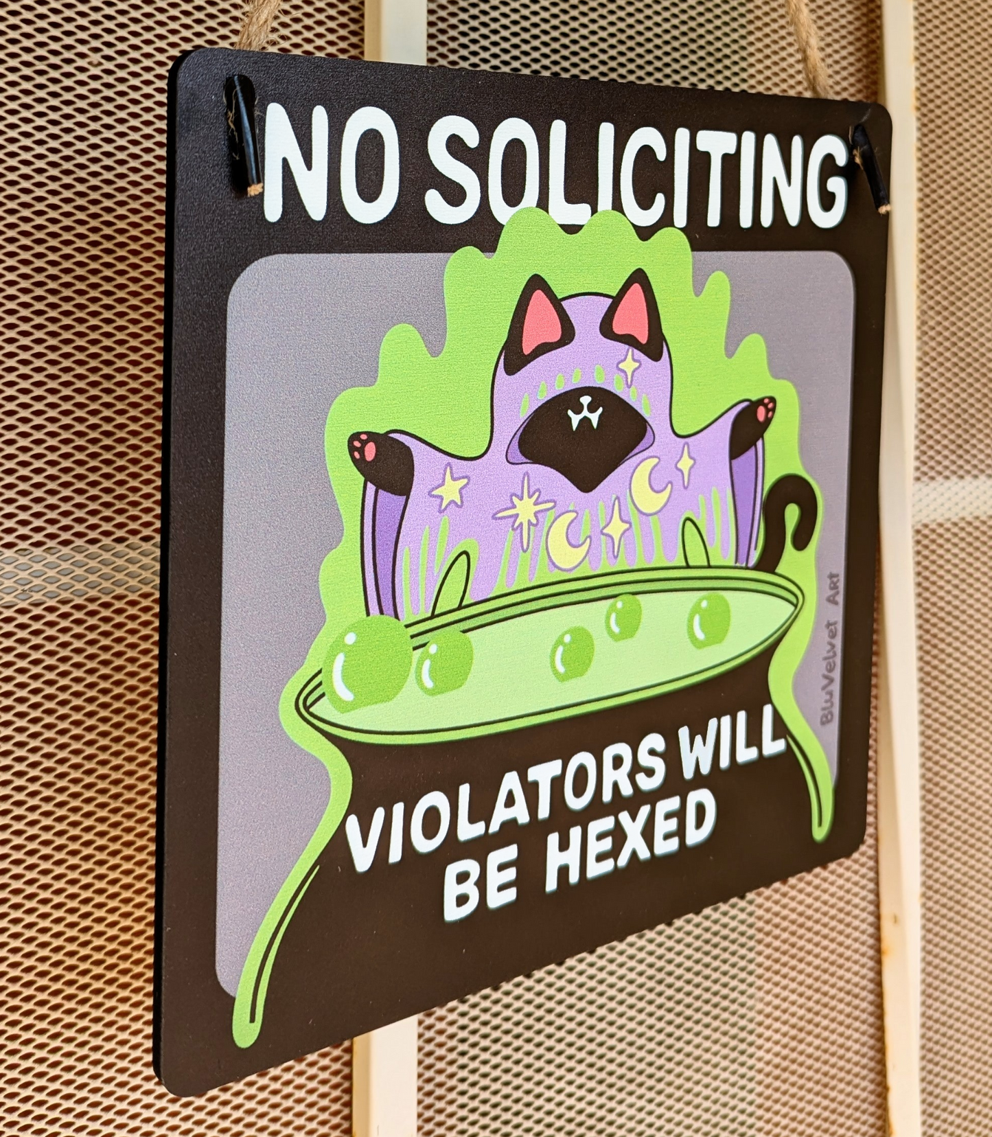 Wooden No Soliciting Sign Witchy Cat (Violators Will Be Hexed)
