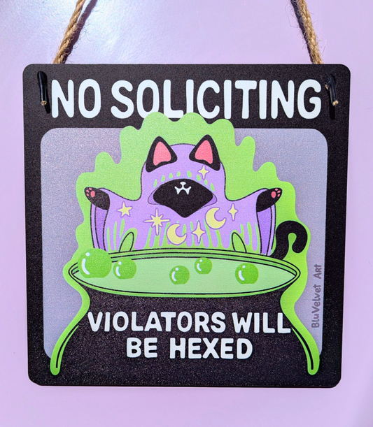 Wooden No Soliciting Sign Witchy Cat (Violators Will Be Hexed)