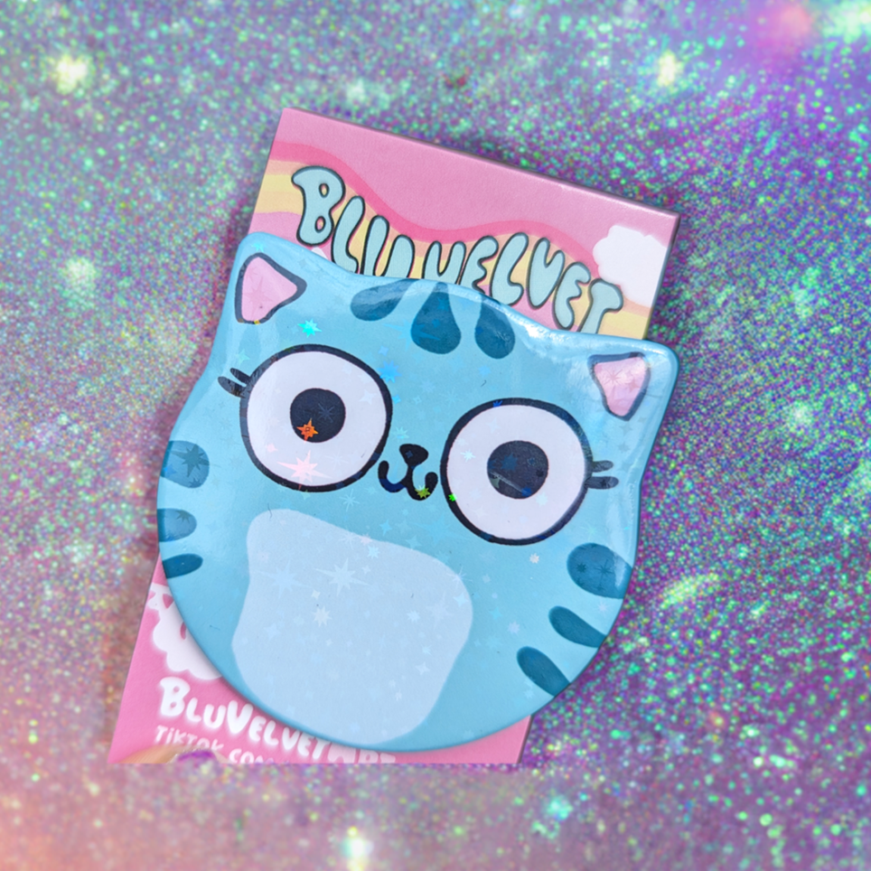 Cat Ear Button - Sparkly Little Blu Cat with Holo Stars  Pinback Button