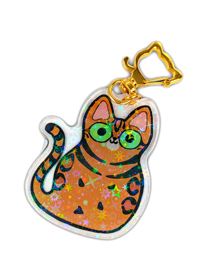 Cute Bengal Cat acrylic keychain with holographic stars. Cute gift for bengal cat lovers!