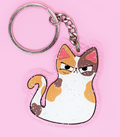 Glitter Calico Judgy Cat Acrylic Keychain