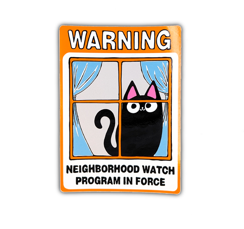 Neighborhood Watch Cat window cling with cute black cat. Says Neighborhood Watch Program In Force