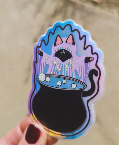 Glow in the Dark Holo Witch Cat Vinyl Waterproof Diecut Sticker