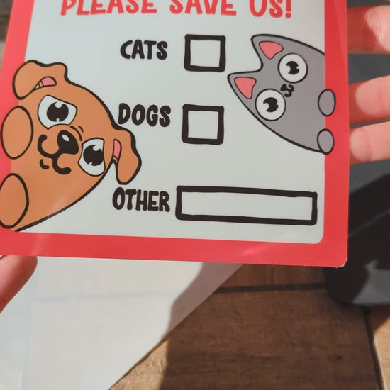 showcase of in case of emergency please save us window cling featuring a cute brown dog and cute grey cat. 