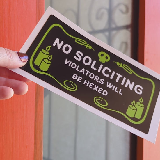 No Soliciting Green Snake Border (Violators Will Be Hexed) Window Cling. No soliciting static cling with snake, skull and candles border! Very witchy!