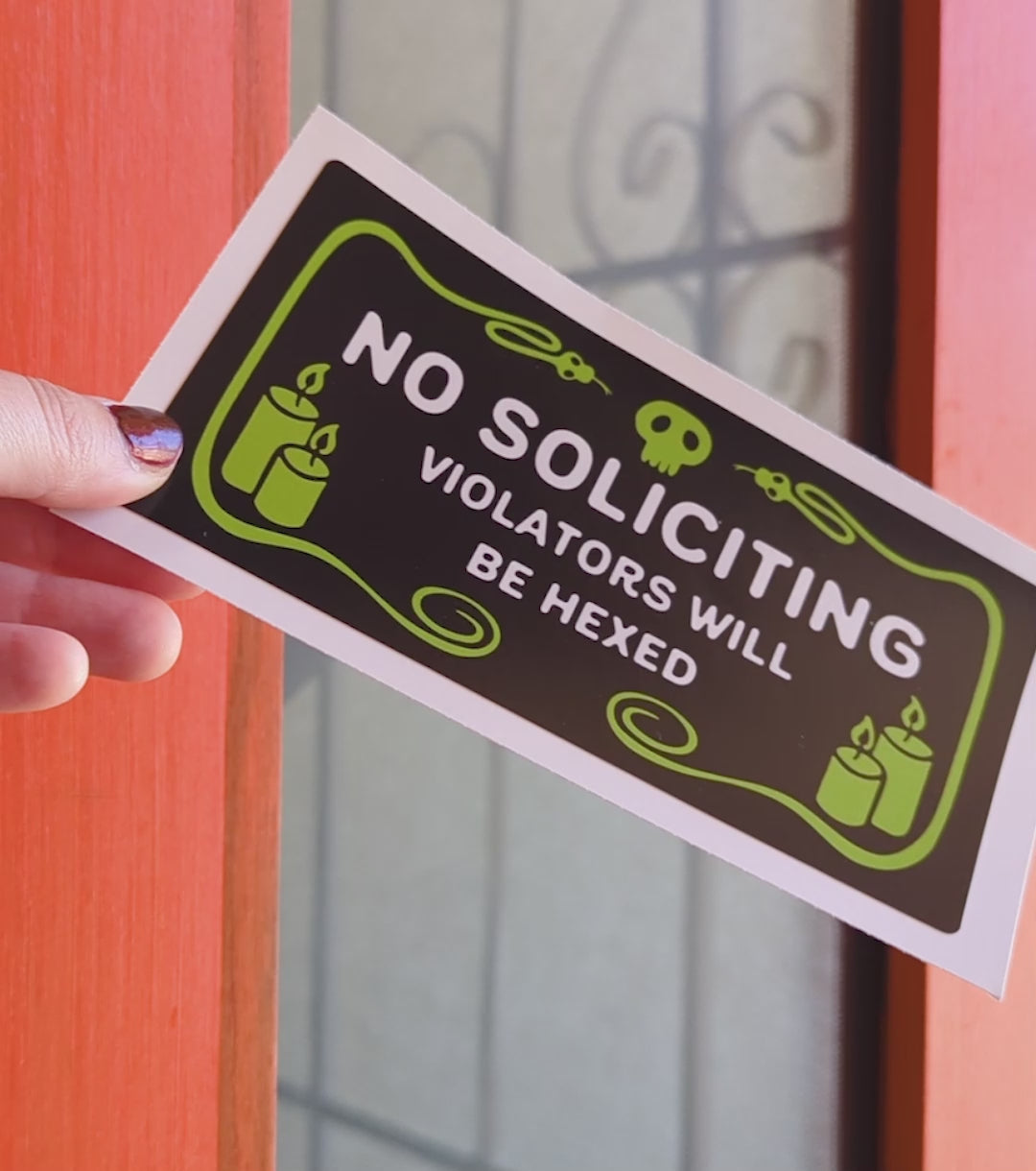 No Soliciting Green Snake Border (Violators Will Be Hexed) Window Cling. No soliciting static cling with snake, skull and candles border! Very witchy!