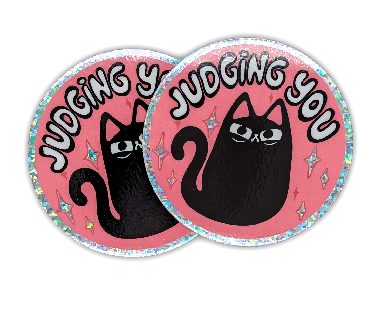 Two glitter stickers with funny chonky black cat with pink glitter stars